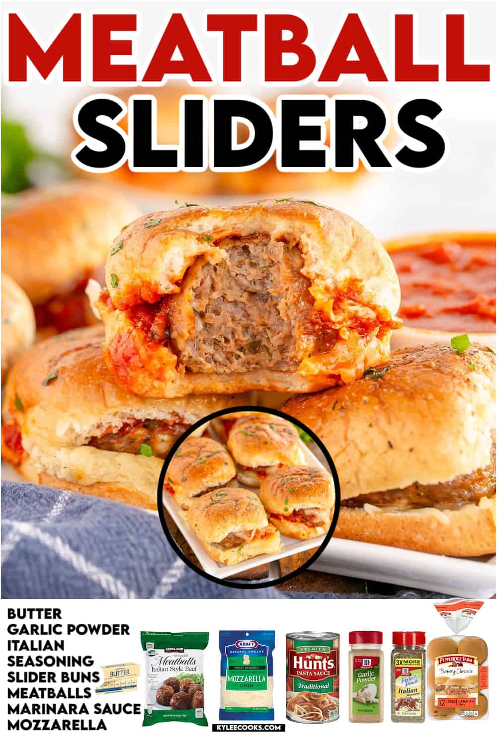 a meatball slider cut in half with recipe name and ingredients overlaid in text and images.