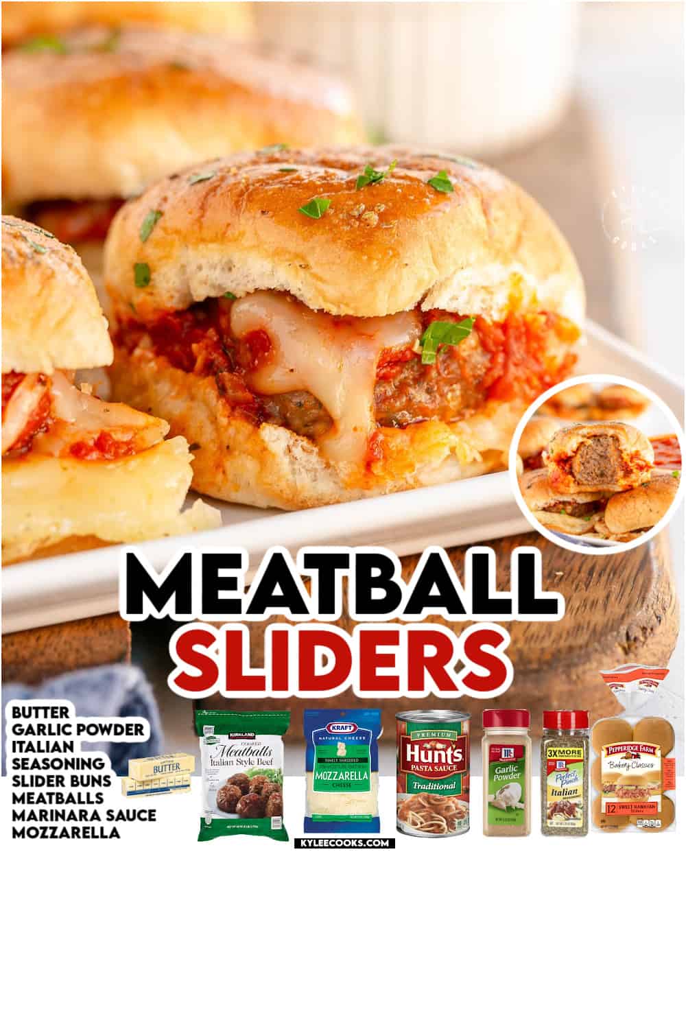 a meatball slider on a platter with recipe name and ingredients overlaid in text and images.