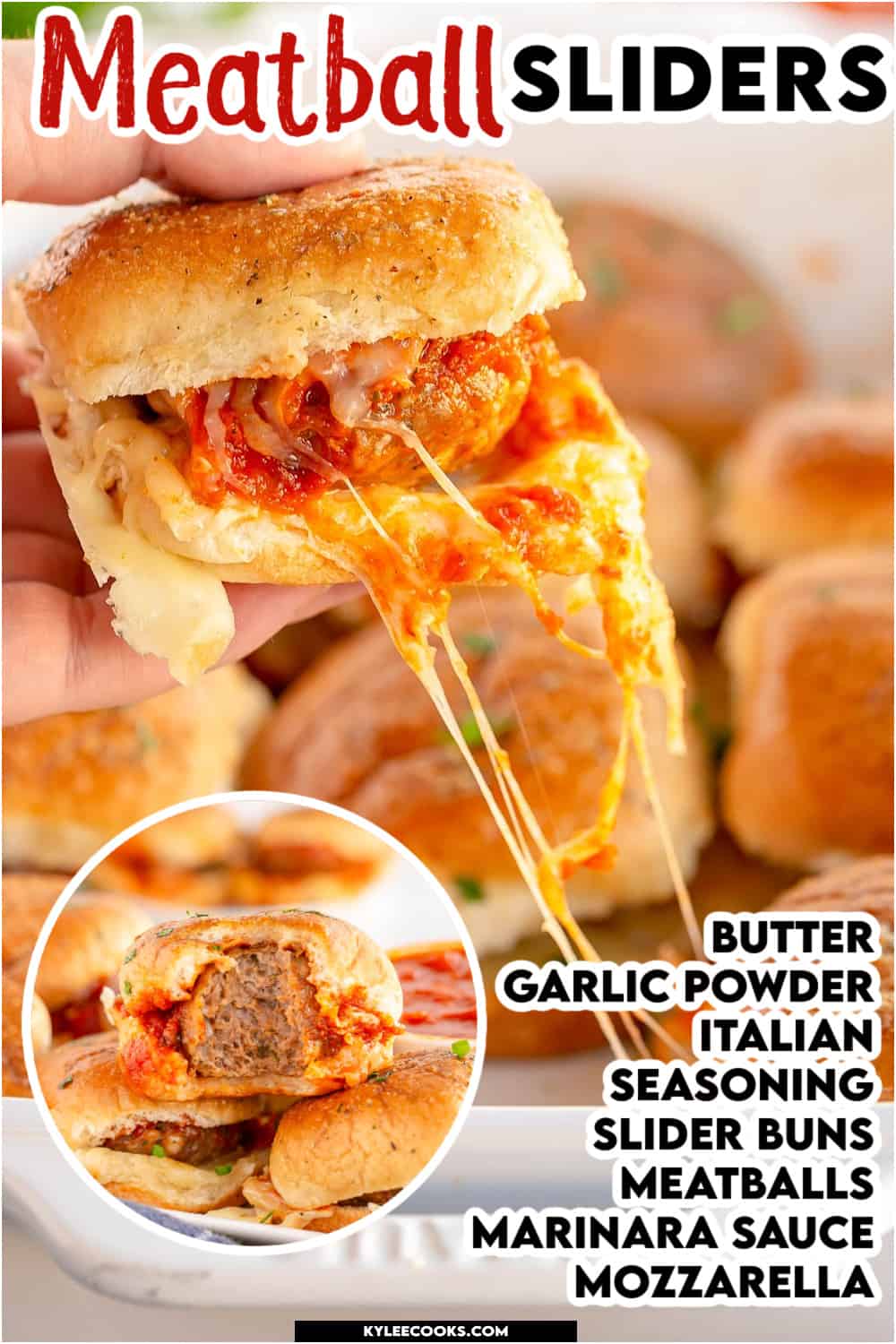 a meatball slider with cheesy pull with recipe name and ingredients overlaid in text and images.