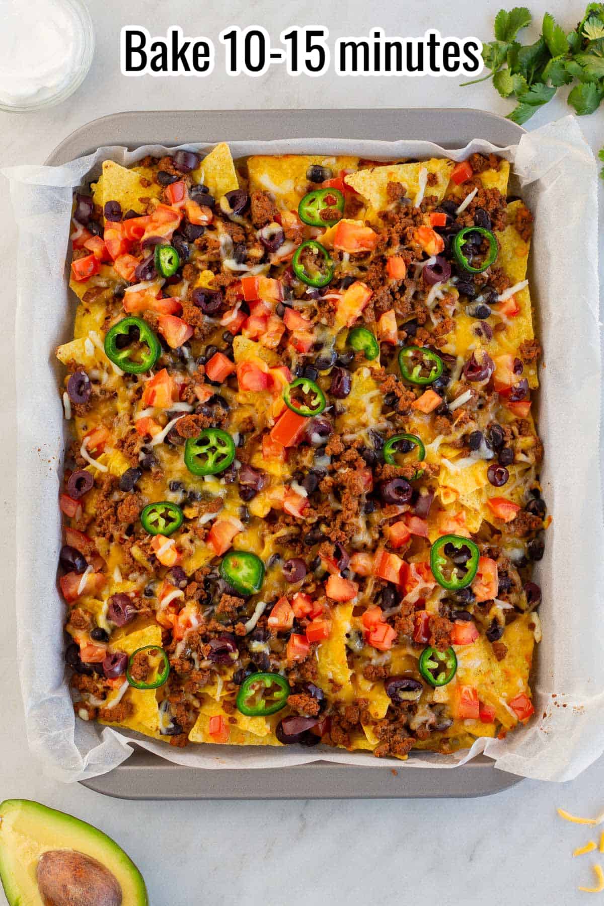 baked nachos out of the oven.