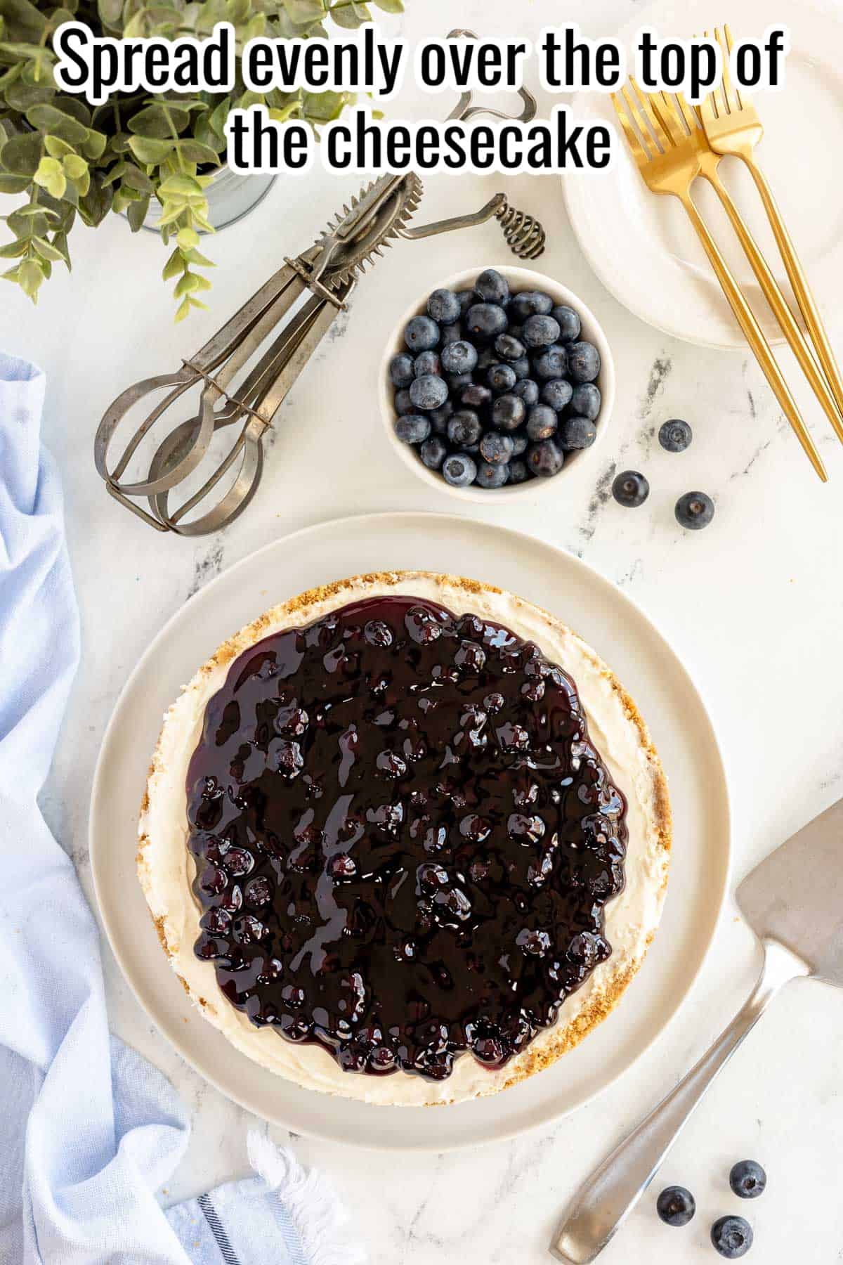 cheesecake out of the springform pan with blueberry pie filling on top.