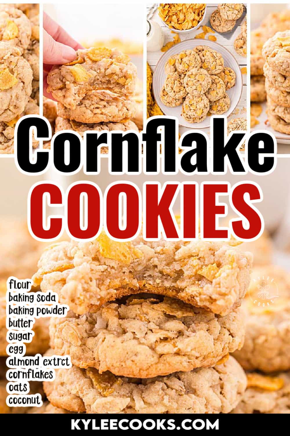 cornflake cookies in a collage with recipe name and ingredients overlaid in text.