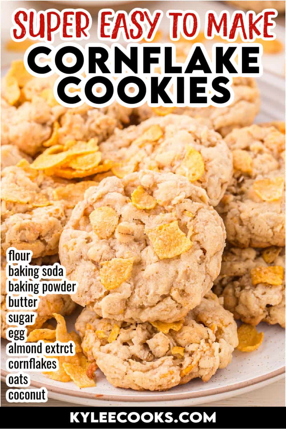 cornflake cookies with recipe name and ingredients overlaid in text.