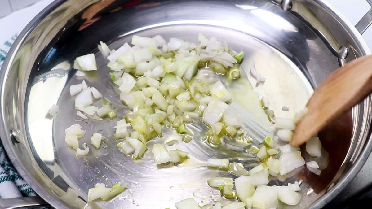 sauteed onions in a skillet.
