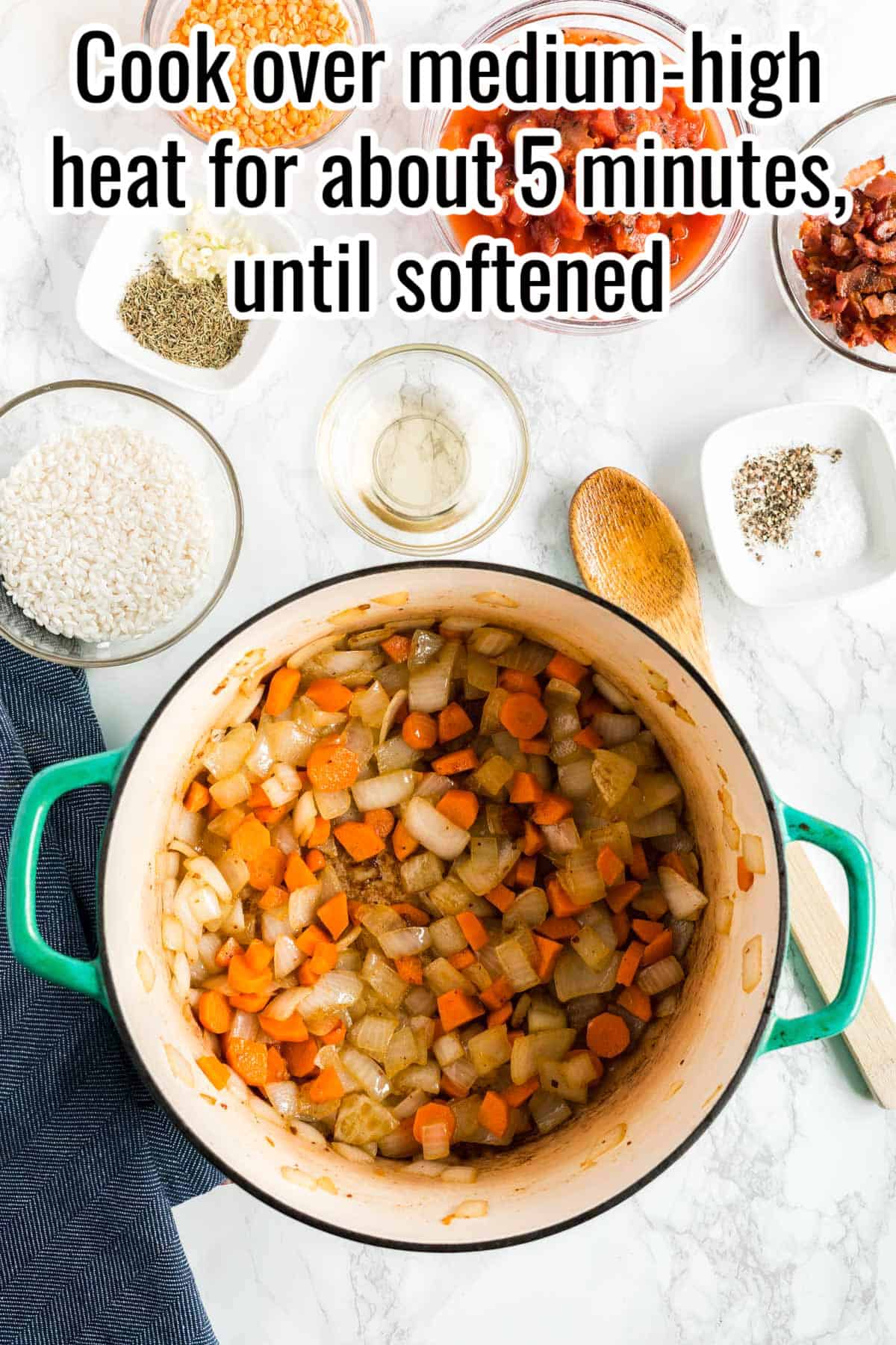 Sautéed onions and carrots in a pot with softened vegetables, text on the image says "Cook over medium-high heat for about 5 minutes, until softened."