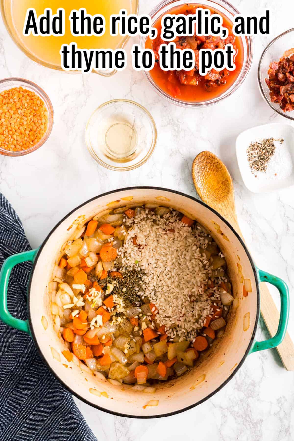 Raw rice, garlic, and thyme added to the pot with cooked vegetables, text on the image says "Add the rice, garlic, and thyme to the pot."