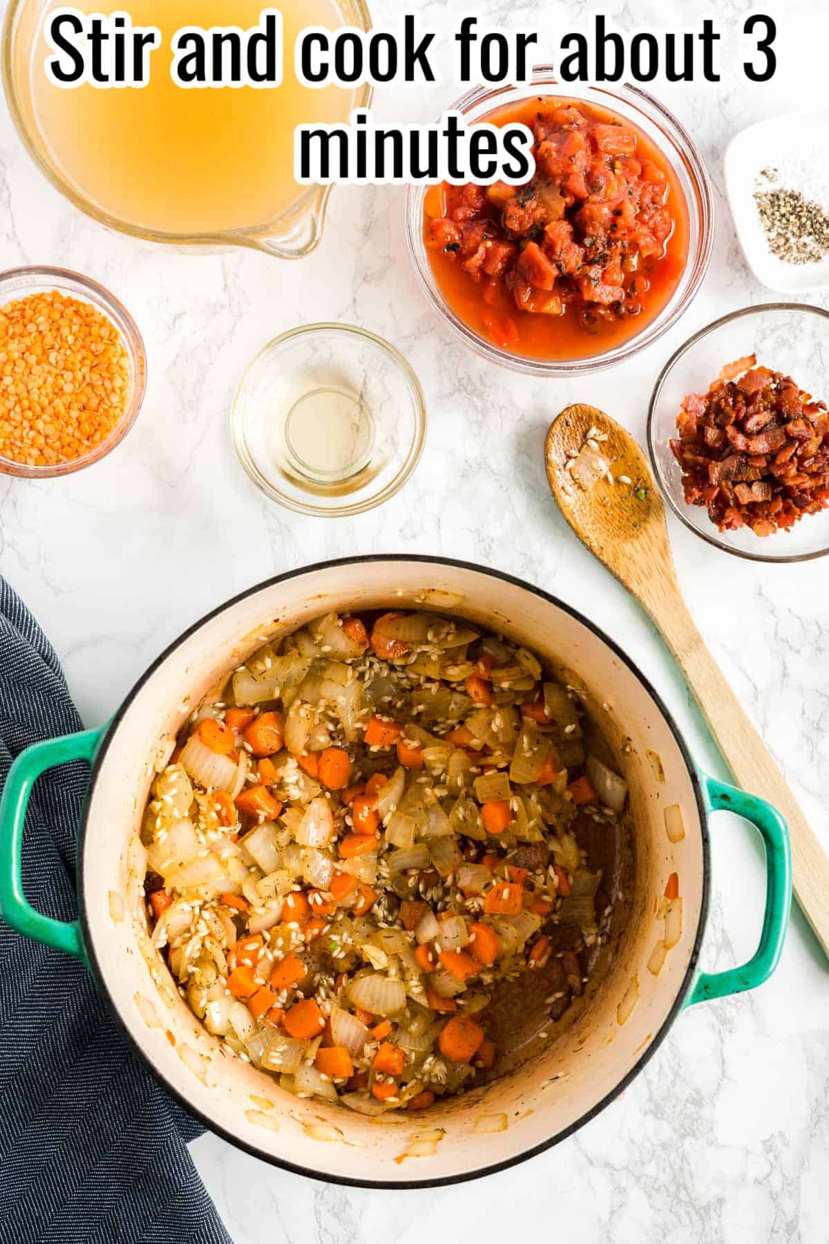 Stirred vegetables and rice in a pot, text on the image says "Stir and cook for about 3 minutes."