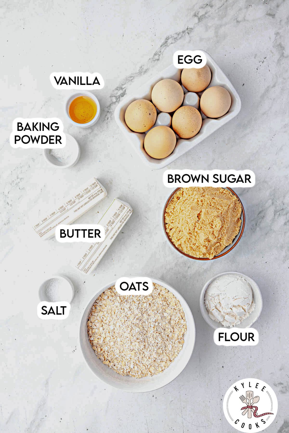 Ingredients for lace cookies arranged on a counter. Text on the image says 'VANILLA', 'EGG', 'BAKING POWDER', 'BROWN SUGAR', 'BUTTER', 'OATS', 'SALT', 'FLOUR'.