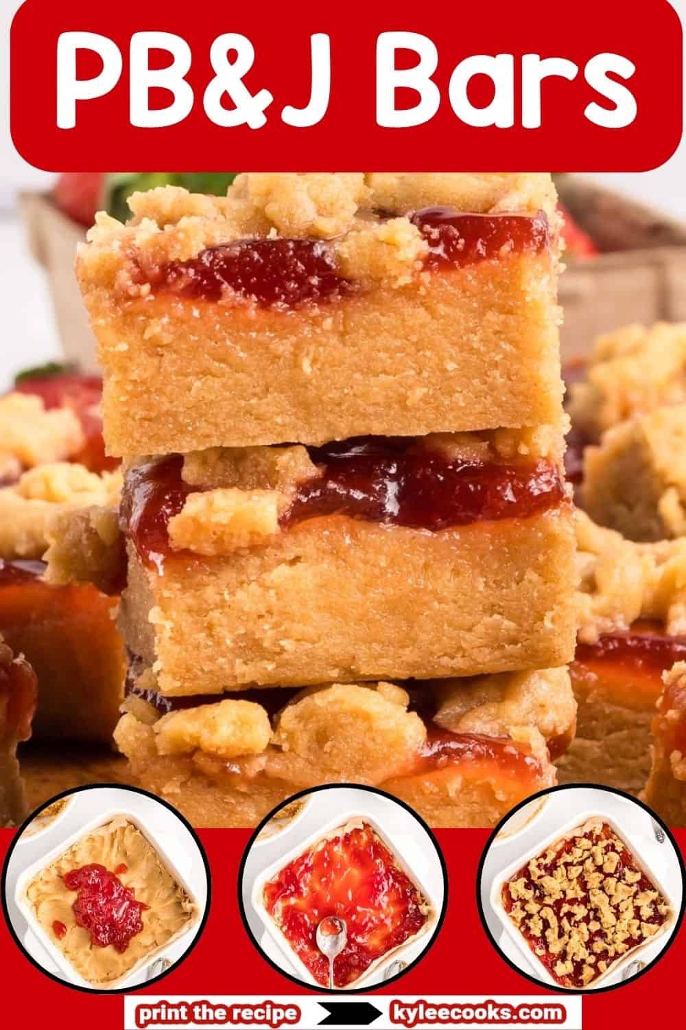 Three stacked peanut butter and jelly bars with a crumbly topping are shown, along with step-by-step images of spreading peanut butter, adding jelly, and topping with crumbs.
