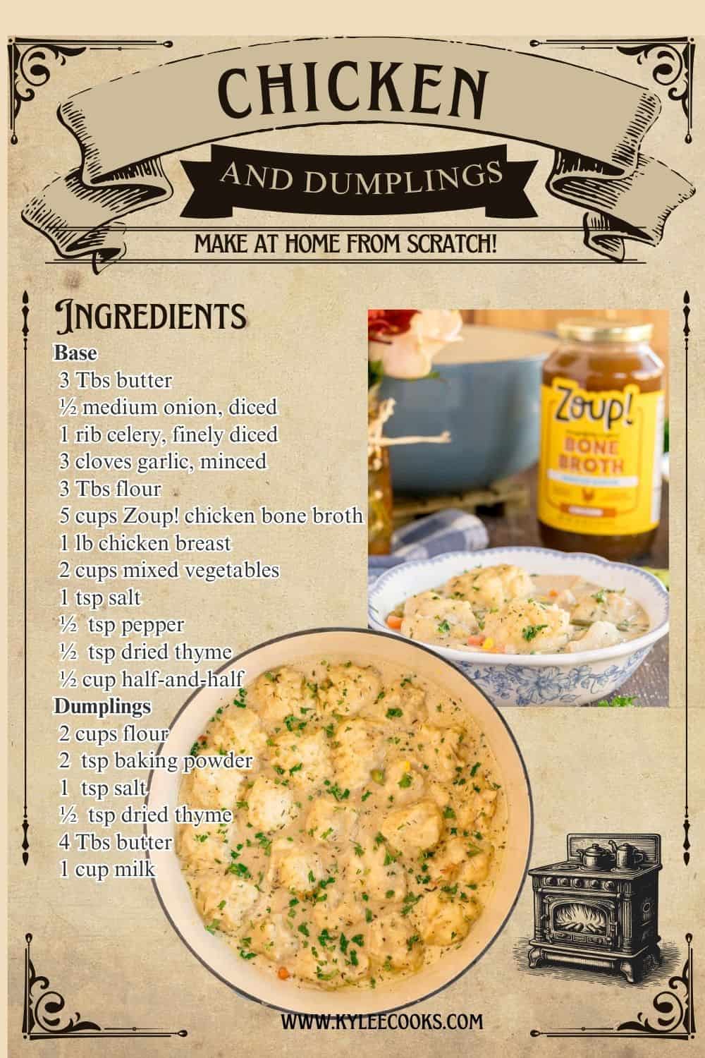 Vintage-style recipe card with photos of chicken and dumplings and a list of ingredients. Text on the image says 'Chicken & Dumplings'.