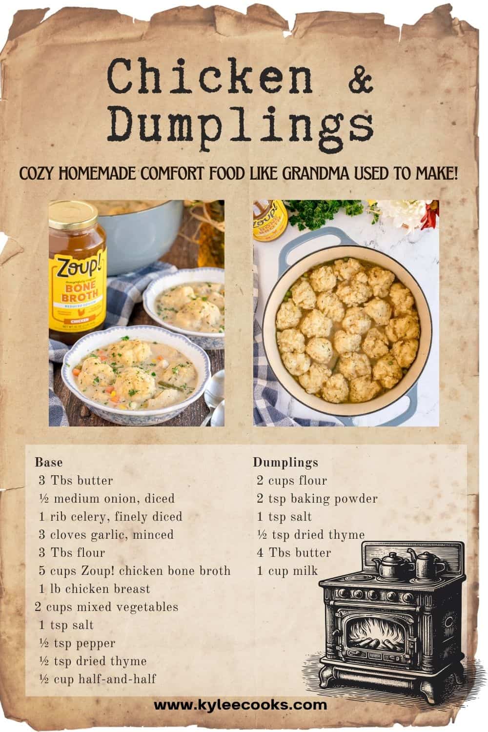 Vintage-style recipe card with photos of chicken and dumplings and a list of ingredients. Text on the image says 'Chicken & Dumplings'.