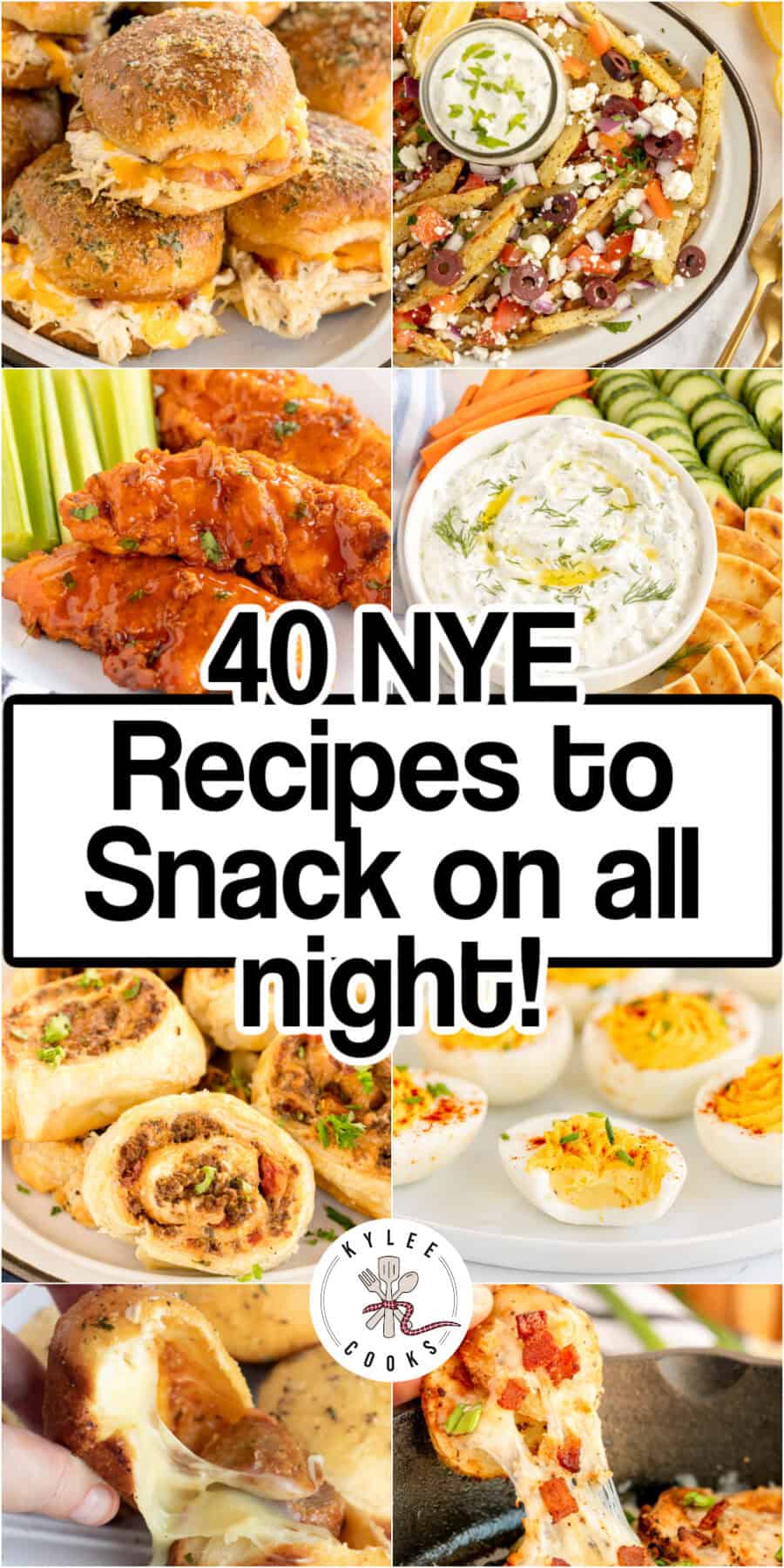 A collage of appetizers including loaded fries, buffalo wings, sliders, and dip with text overlay: "40 NYE appetizers to snack on all night.
