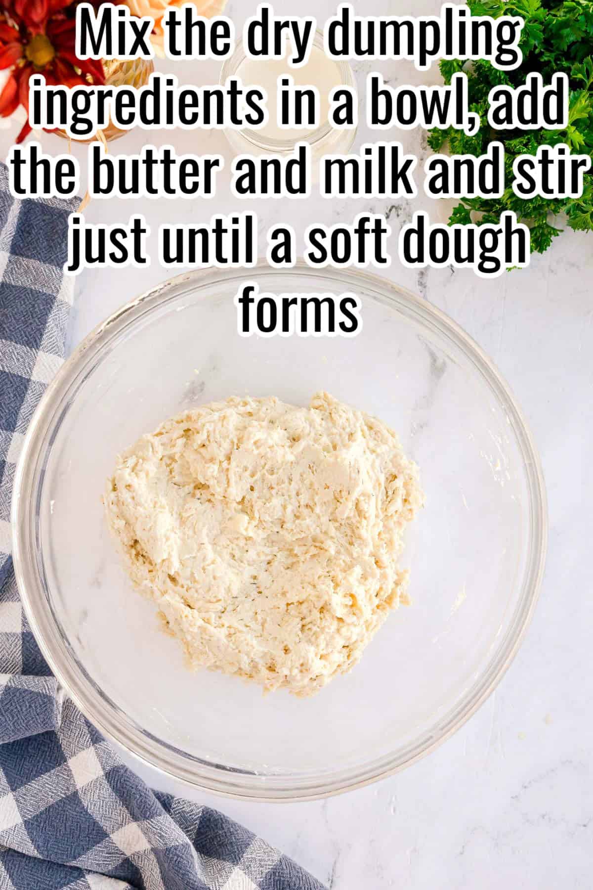 Dumpling dough in a clear mixing bowl. Text on the image says 'Mix the dry dumpling ingredients in a bowl, add the butter and milk and stir just until a soft dough forms'.