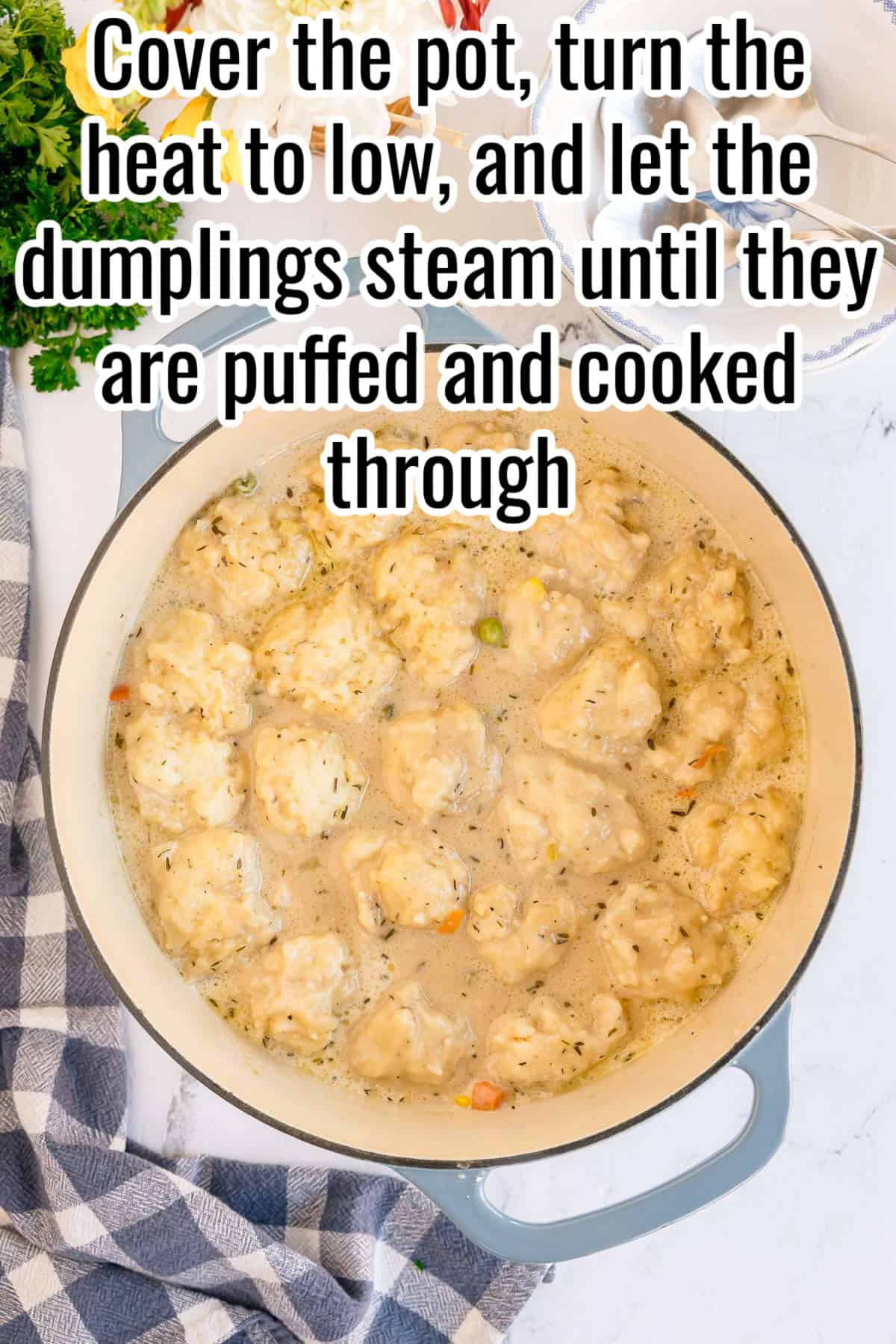 Dumplings steaming in a pot of soup. Text on the image says 'Cover the pot, turn the heat to low, and let the dumplings steam until they are puffed and cooked through'.