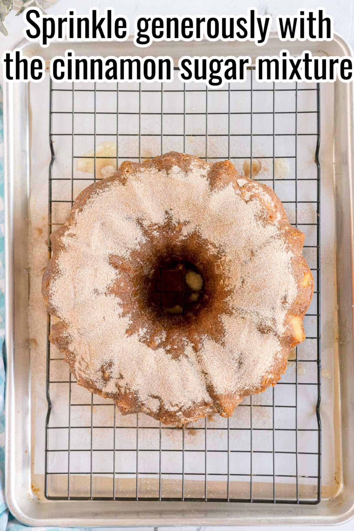 Bundt cake on a rack dusted with cinnamon sugar. Text on the image says 'Sprinkle generously with the cinnamon sugar mixture'.