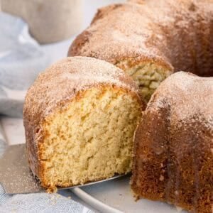 A slice of bundt cake being lifted from the full cake, dusted with cinnamon sugar.