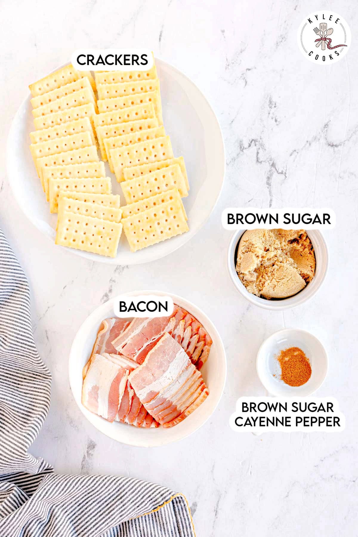Bowls of crackers, bacon, brown sugar, and cayenne pepper. Text on the image says 'CRACKERS', 'BACON', 'BROWN SUGAR', 'BROWN SUGAR CAYENNE PEPPER'.