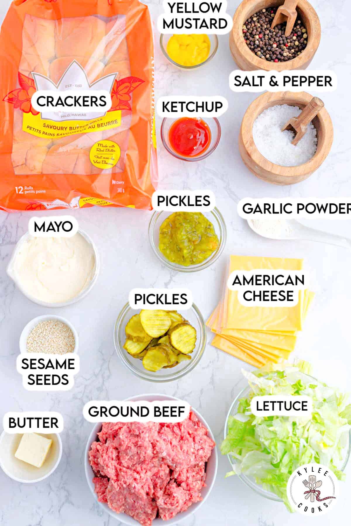 Ingredients laid out on a counter including ground beef, buns, lettuce, cheese, mayo, mustard, ketchup, pickles, garlic powder, salt, pepper, butter, and sesame seeds. Text on the image labels each ingredient.