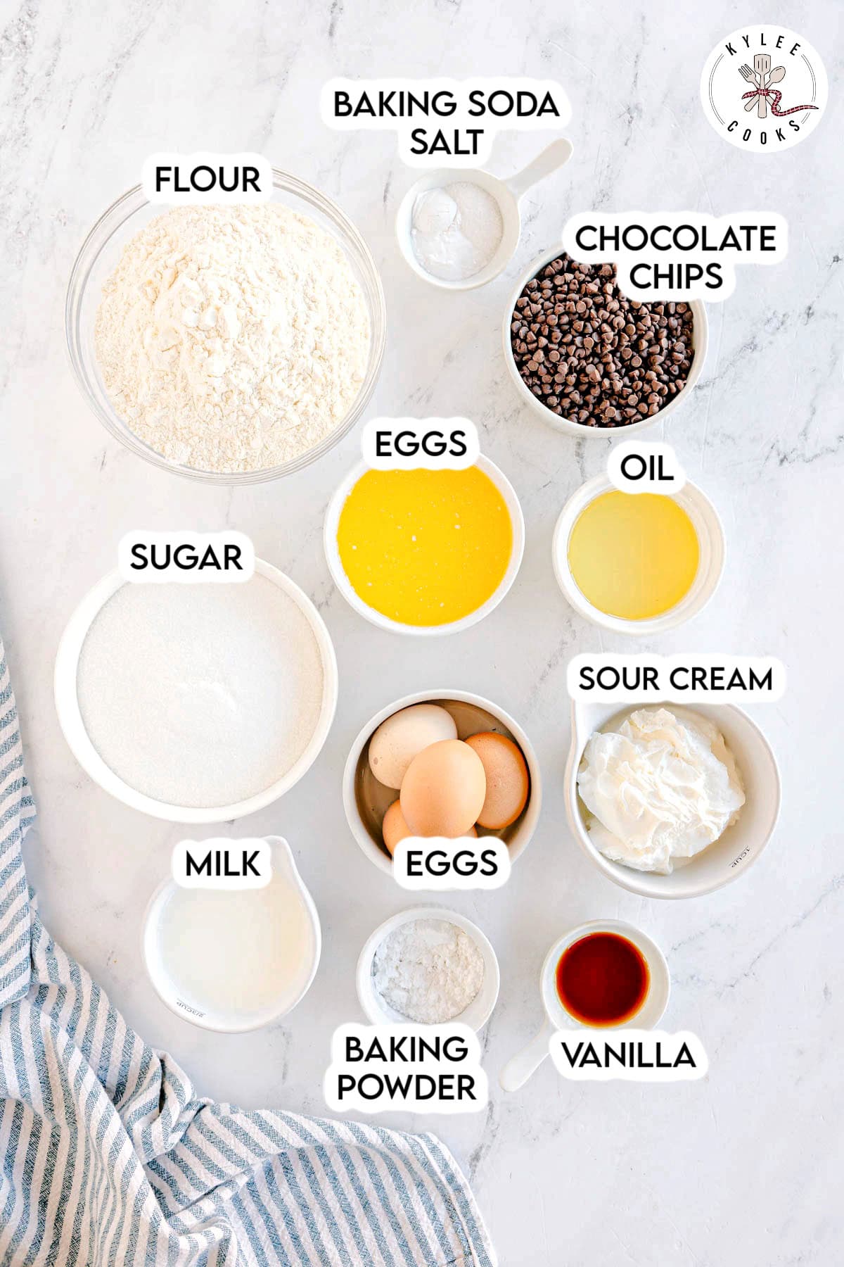 Ingredients in bowls including flour, sugar, eggs, oil, milk, sour cream, and chocolate chips. Text on the image says 'FLOUR', 'BAKING SODA SALT', 'CHOCOLATE CHIPS', 'EGGS', 'OIL', 'SOUR CREAM', 'VANILLA', 'BAKING POWDER', 'MILK', and 'SUGAR'.