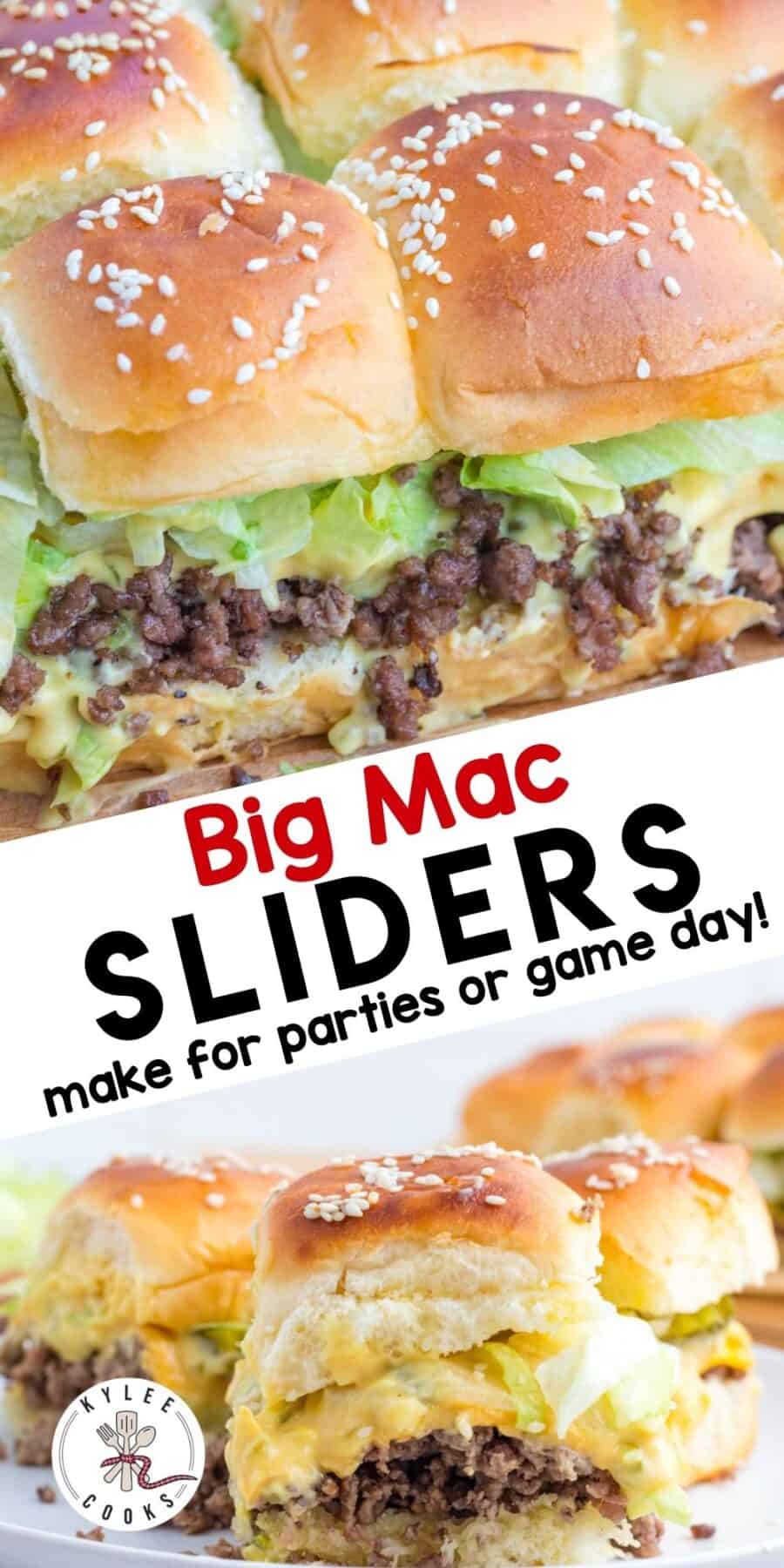 A stacked image of sliders with a close-up on top and plated sliders below. Text on the image says 'Big Mac SLIDERS make for parties or game day!'.