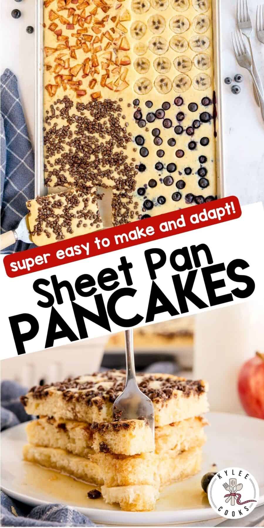 Overhead shot of sheet pan pancake and a fork cutting into a pancake stack. Text on the image says 'super easy to make and adapt!' and 'Sheet Pan PANCAKES'.