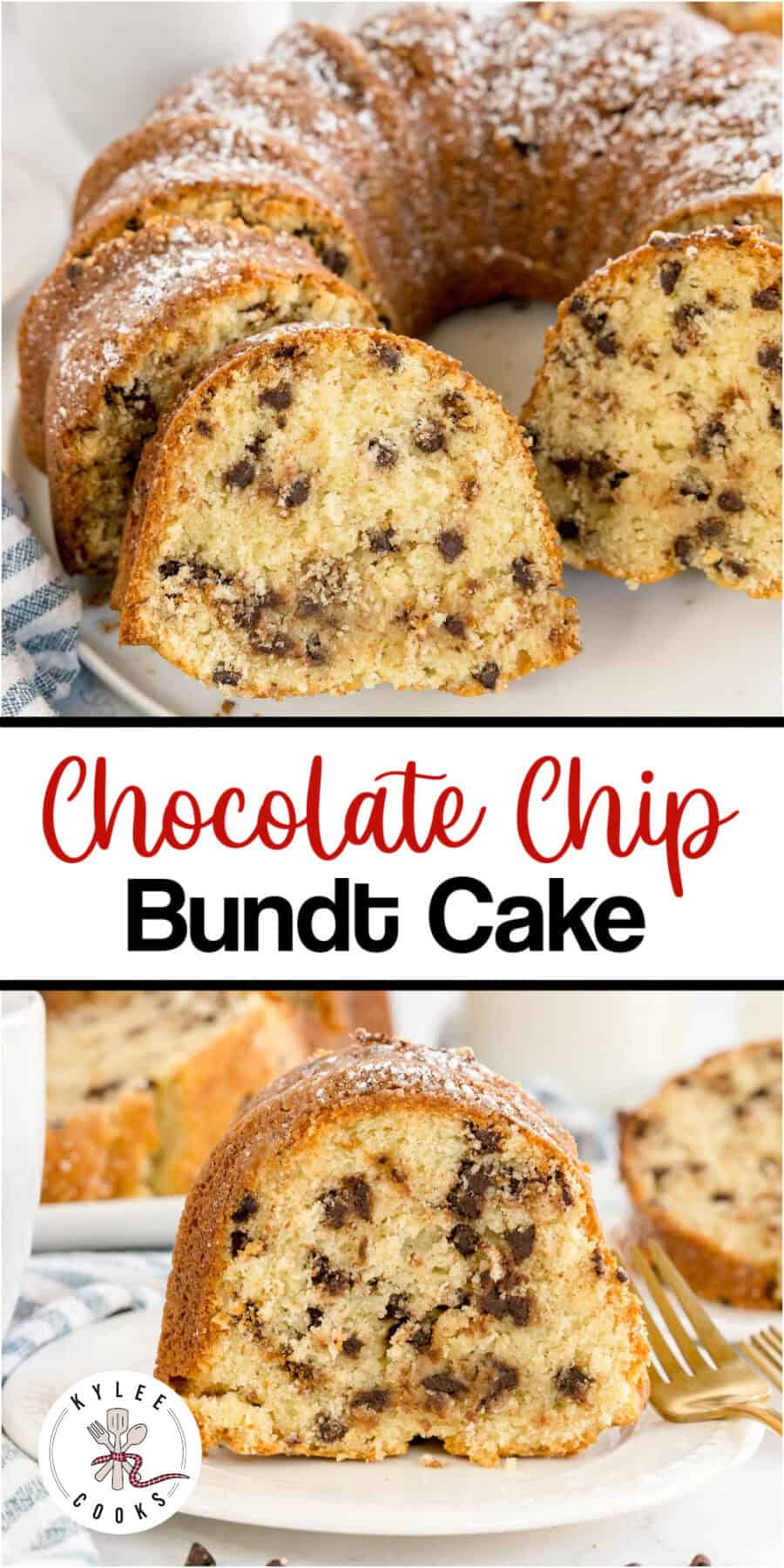 Slices of chocolate chip bundt cake on a plate with text. Text on the image says 'Chocolate Chip Bundt Cake'.