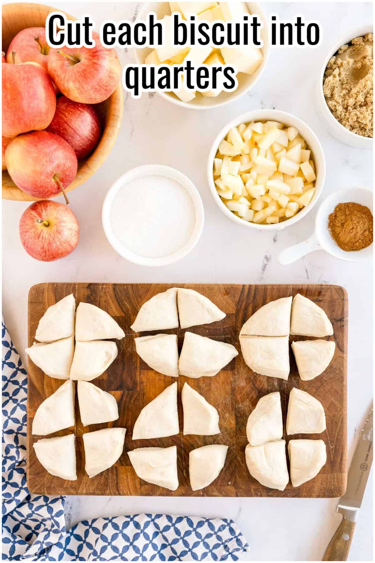 Raw biscuit pieces cut into quarters on a wooden board. Text on the image says 'Cut each biscuit into quarters'.