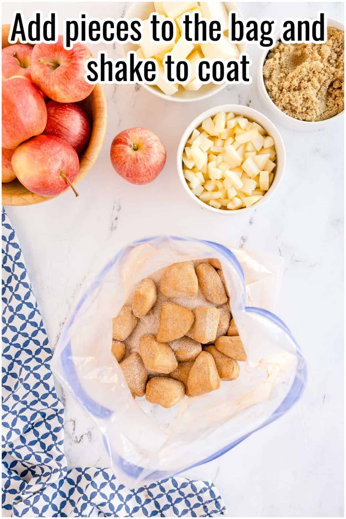 A zip-top bag filled with cinnamon-coated biscuit pieces. Text on the image says 'Add pieces to the bag and shake to coat'.