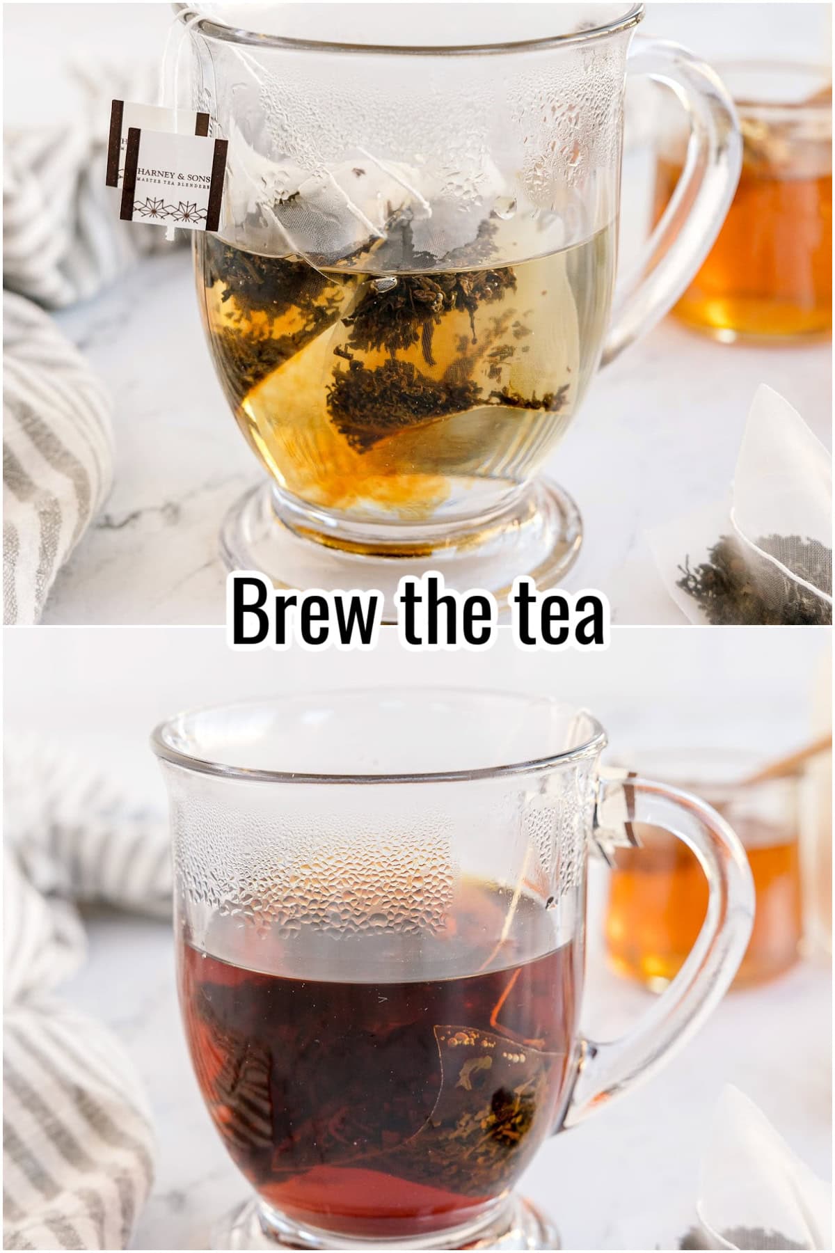 A mug with tea bags steeping in hot water. Text on the image says 'Brew the tea'.