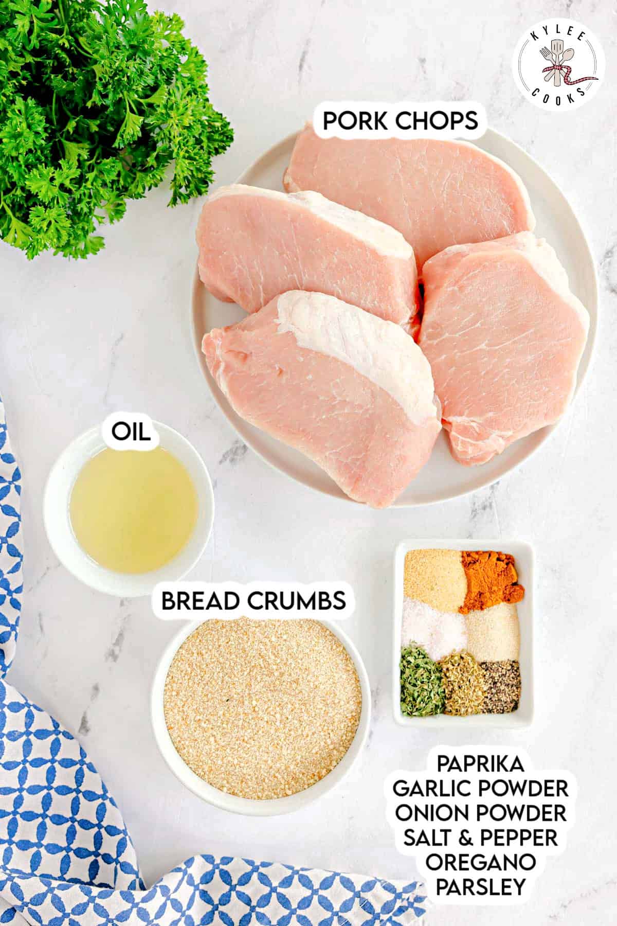 Raw pork chops, oil, breadcrumbs, and spices on a counter. Text on the image says 'PORK CHOPS', 'OIL', 'BREAD CRUMBS', 'PAPRIKA GARLIC POWDER ONION POWDER SALT & PEPPER OREGANO PARSLEY'.