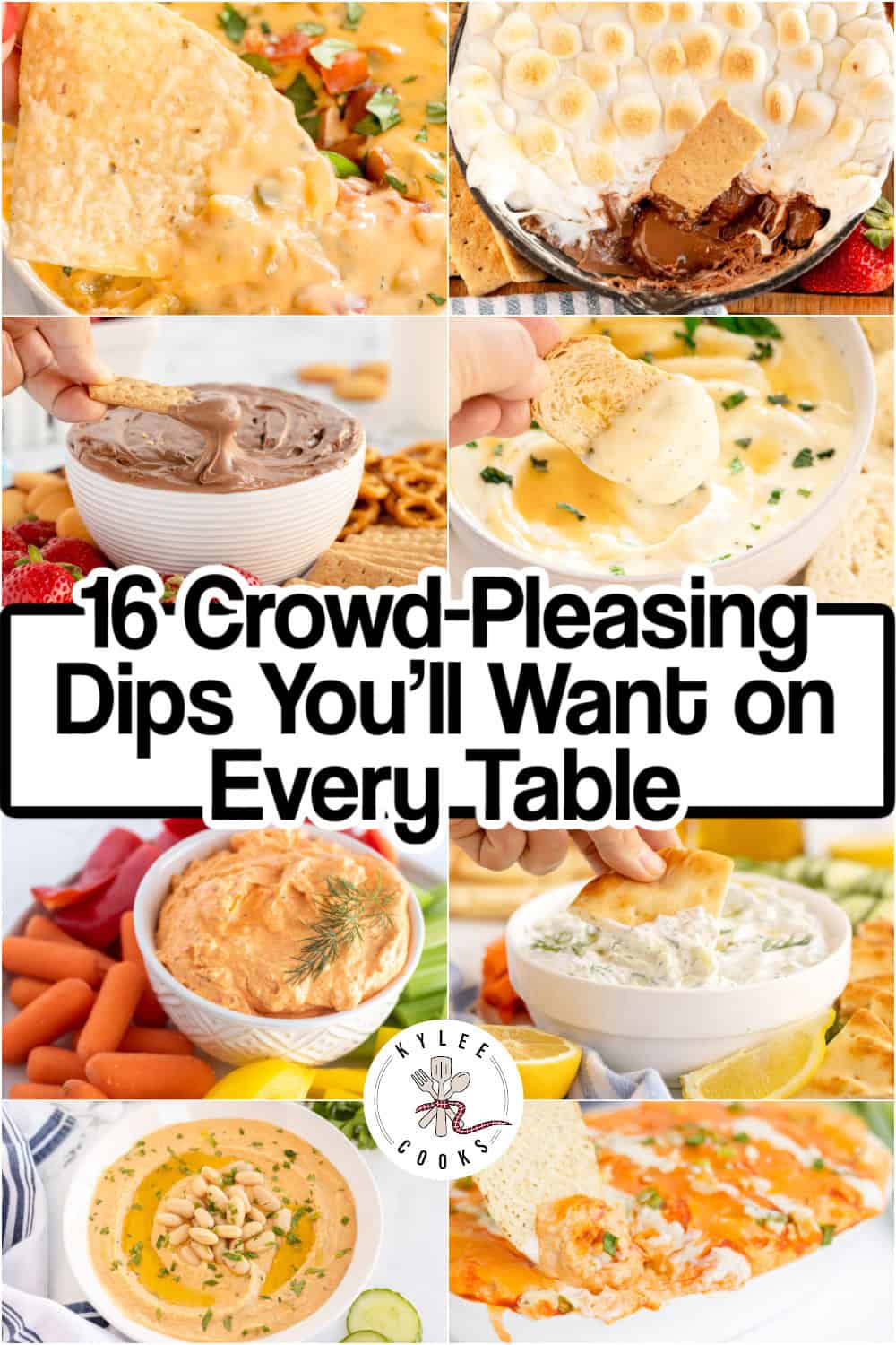 A collage of various party dips—cheesy, chocolate, and veggie-based—surrounds the text "16 Crowd-Pleasing Dips You’ll Want on Every Table." Perfect for anyone searching for irresistible dip recipes!.
