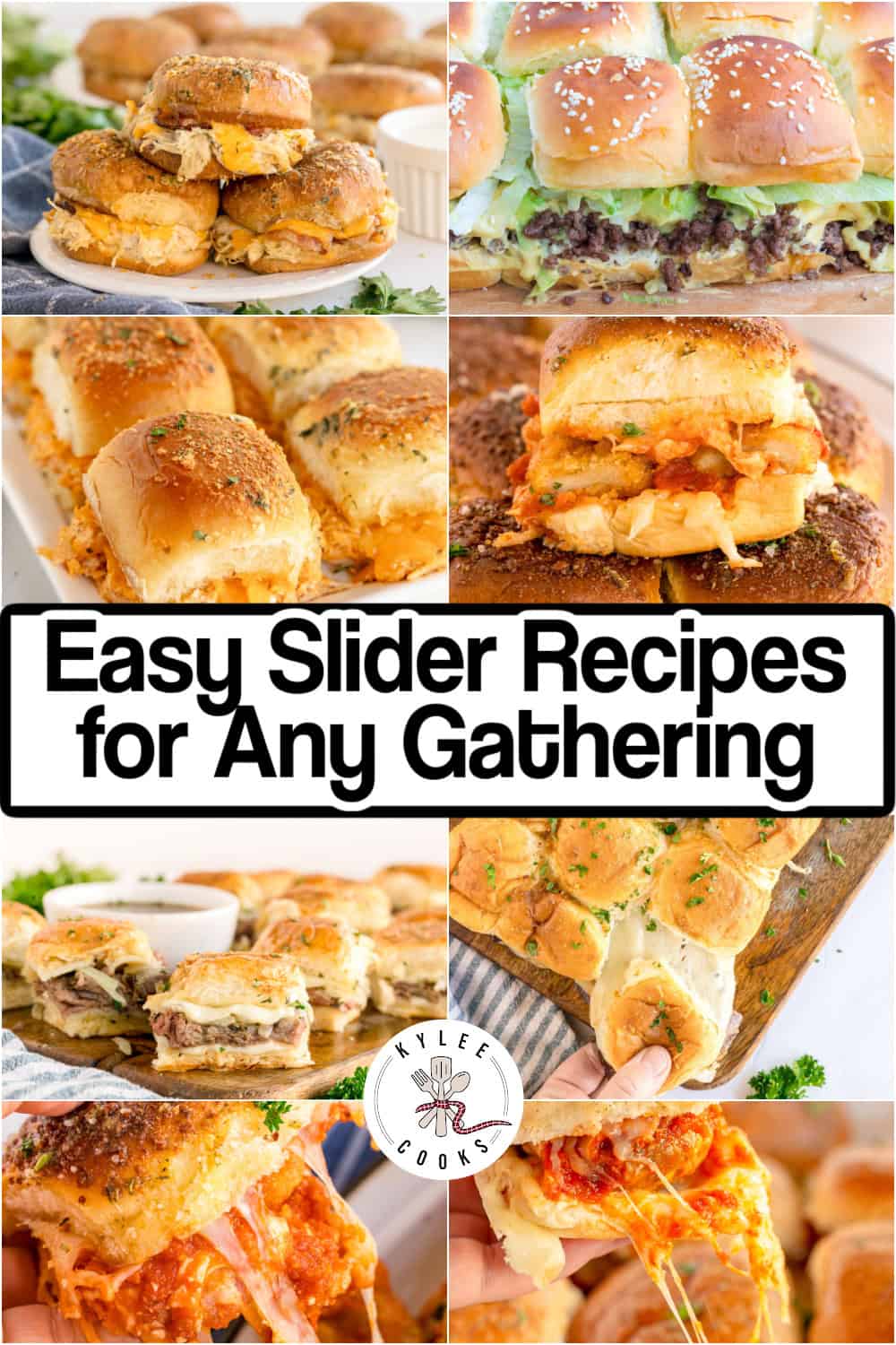A tall collage of stuffed sliders with melted cheese and meat. Text on the image says 'Easy Slider Recipes for Any Gathering'.