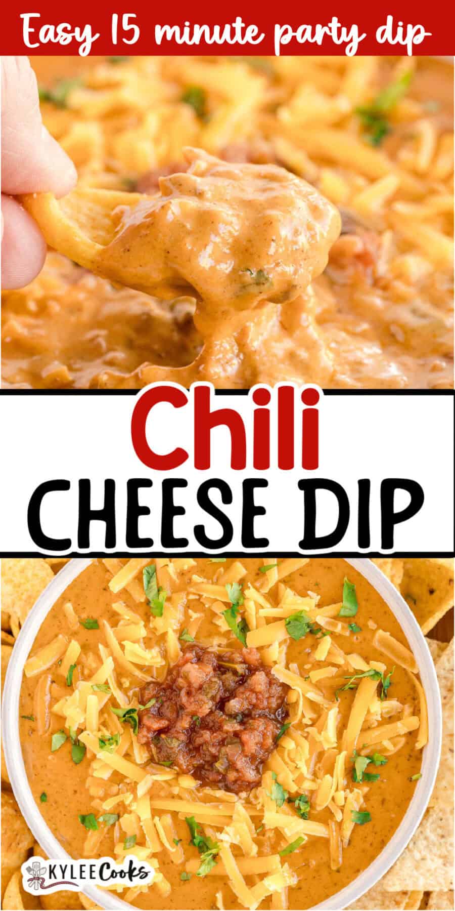 A hand dipping a chip into chili cheese dip. Text on the image says '15 minute chili cheese dip'.