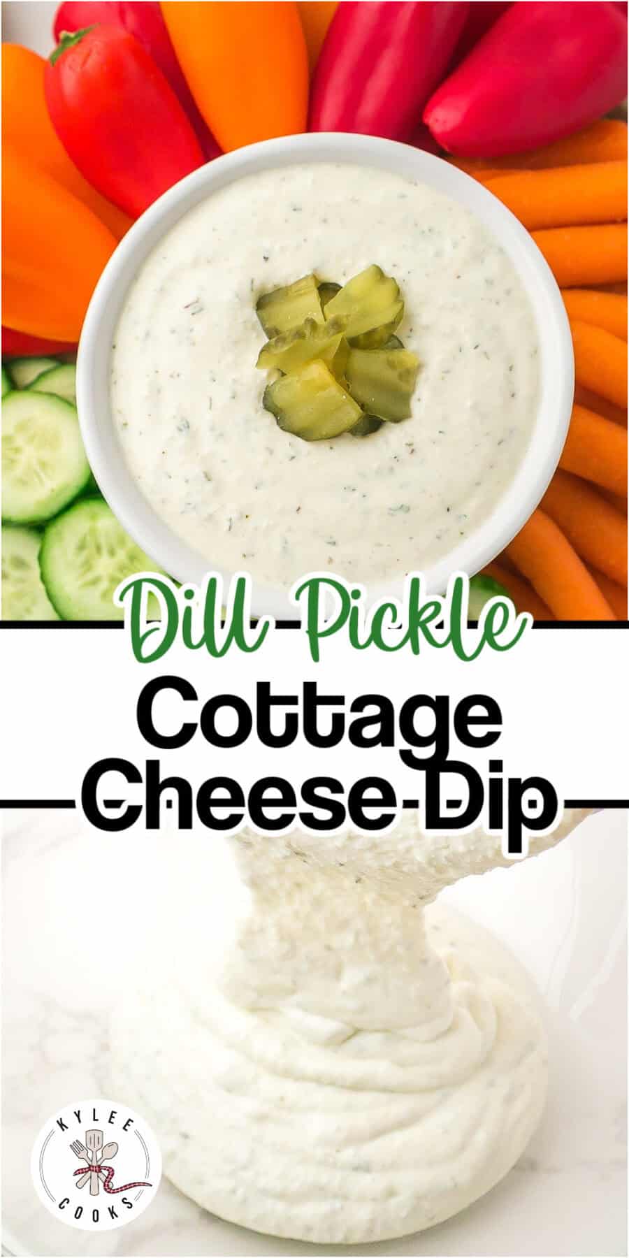 A bowl of dip with chopped pickles on top, surrounded by fresh vegetables, with a second image of the dip being poured. Text on the image says 'Dill Pickle Cottage Cheese Dip'.