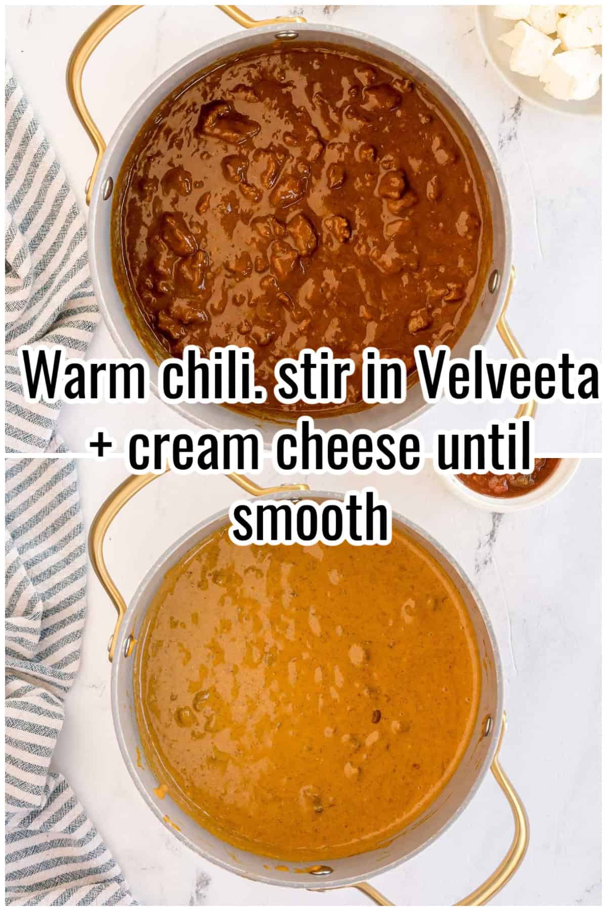 A pot of chili above a pot of smooth cheese dip. Text on the image says 'Warm chili. stir in Velveeta + cream cheese until smooth'.