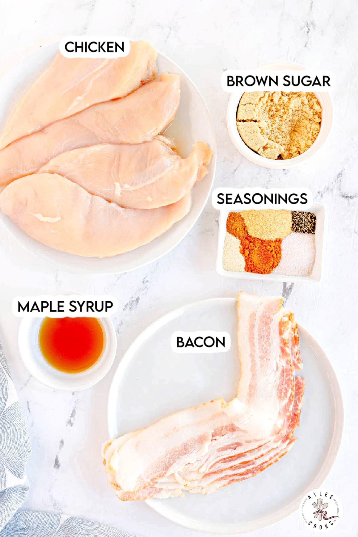 Chicken breasts, brown sugar, seasonings, maple syrup, and bacon on plates. Text on the image says 'CHICKEN BROWN SUGAR SEASONINGS MAPLE SYRUP BACON'.