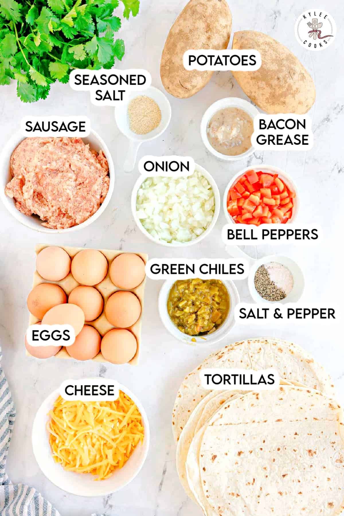 Ingredients for breakfast burritos including potatoes, sausage, eggs, cheese, tortillas, onion, bell peppers, green chiles, bacon grease, seasoned salt, salt, and pepper. Text labels identify each ingredient.