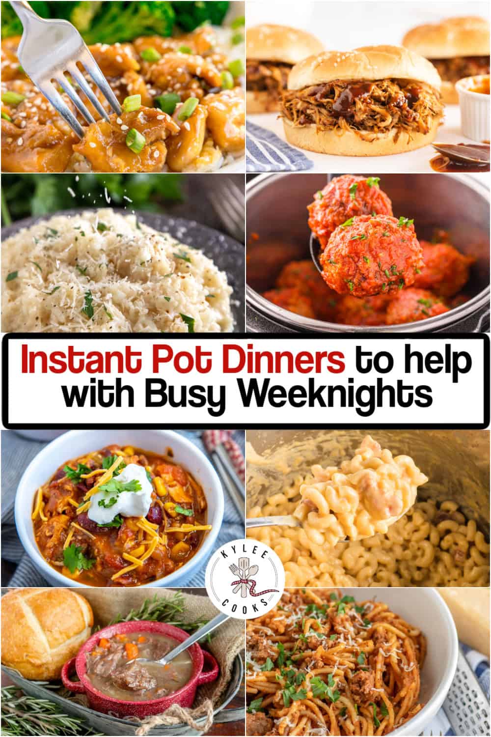 A collage of eight Instant Pot dinners, including pasta, sandwiches, meatballs, chili, mac and cheese, and stew—all perfect for busy weeknights. The text reads "Instant Pot Dinners to help with Busy Weeknights.