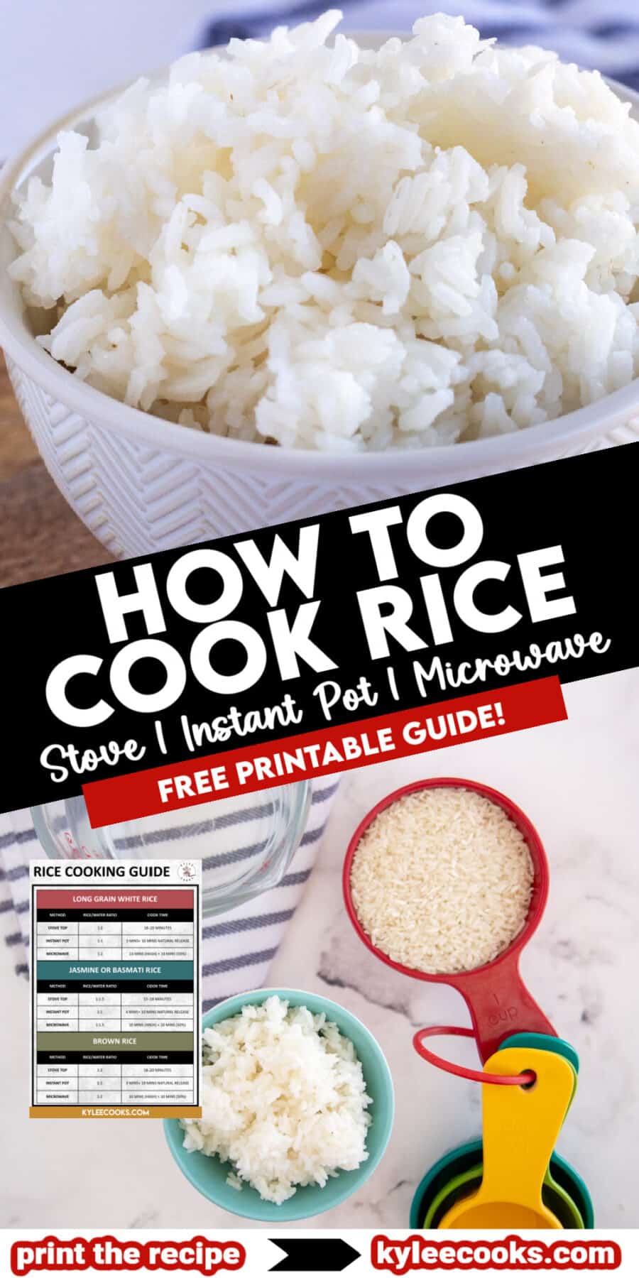 A bowl of cooked white rice, a printable rice guide for how to cook rice, a bowl of uncooked rice, and colorful measuring cups displayed on a kitchen counter.