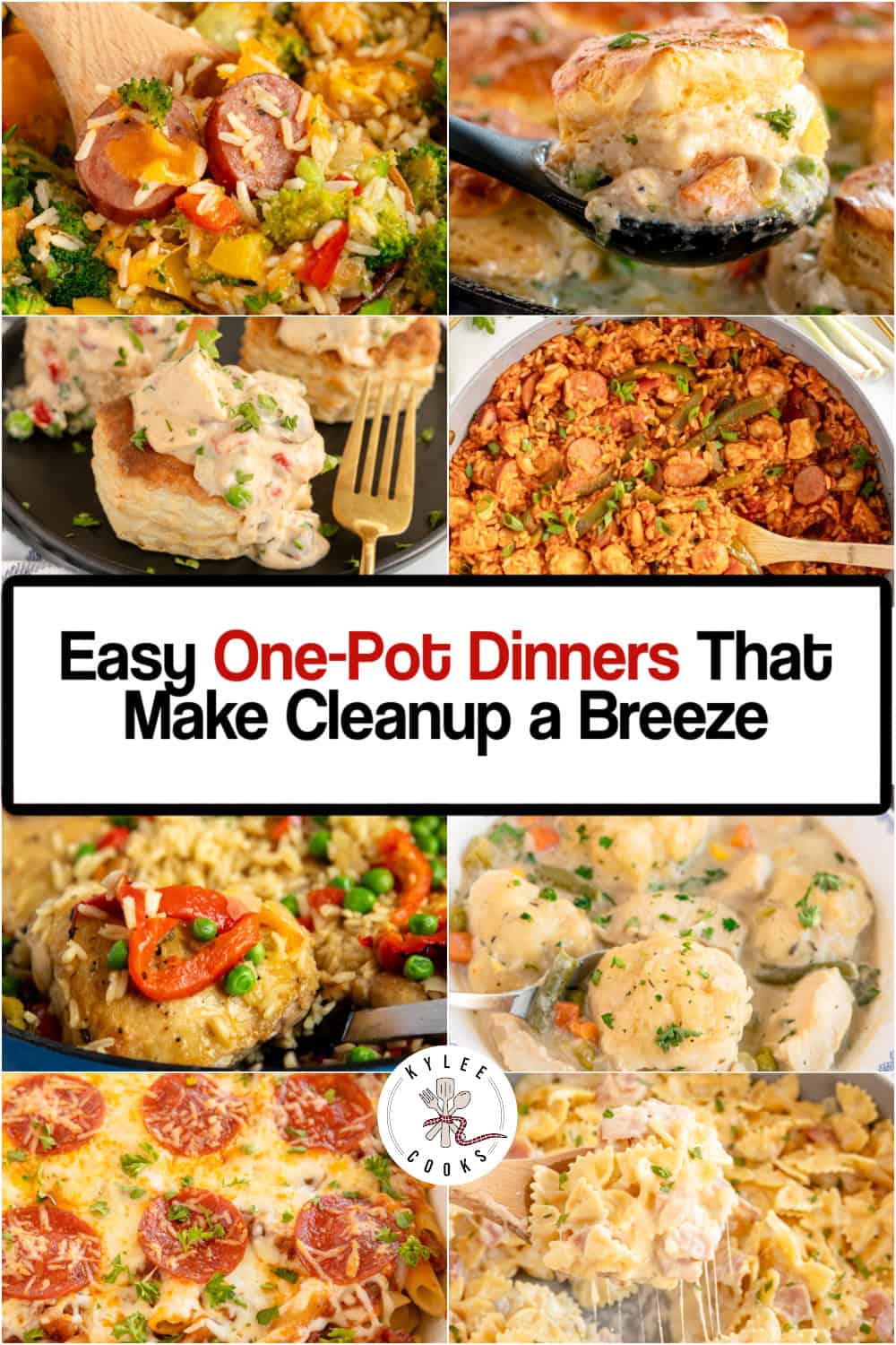 A collage of various one-pot dinners with text in the center that reads, "Easy One-Pot Dinners That Make Quick Cleanup a Breeze.