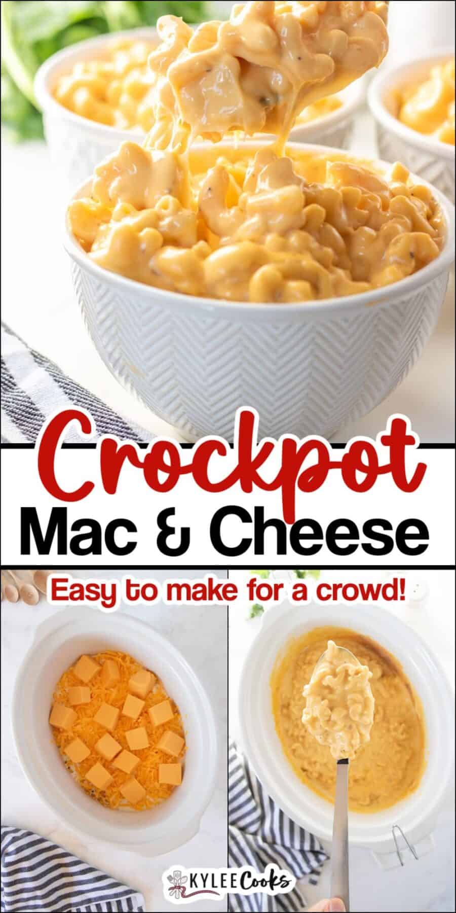 Bowl of creamy mac and cheese with step images below. Text on the image says 'Crockpot Mac & Cheese', 'Easy to make for a crowd!'.