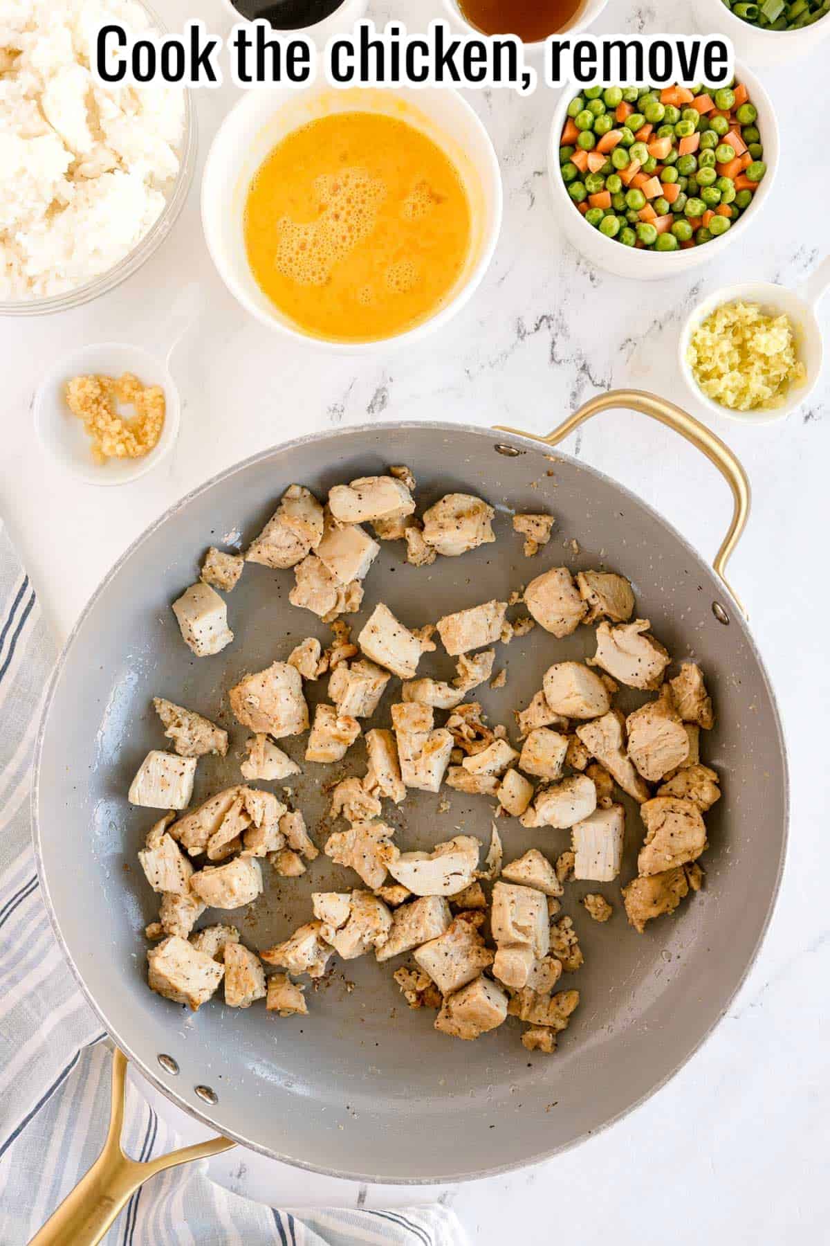Cooked chicken pieces in a skillet. Text on the image says 'Cook the chicken, remove'.