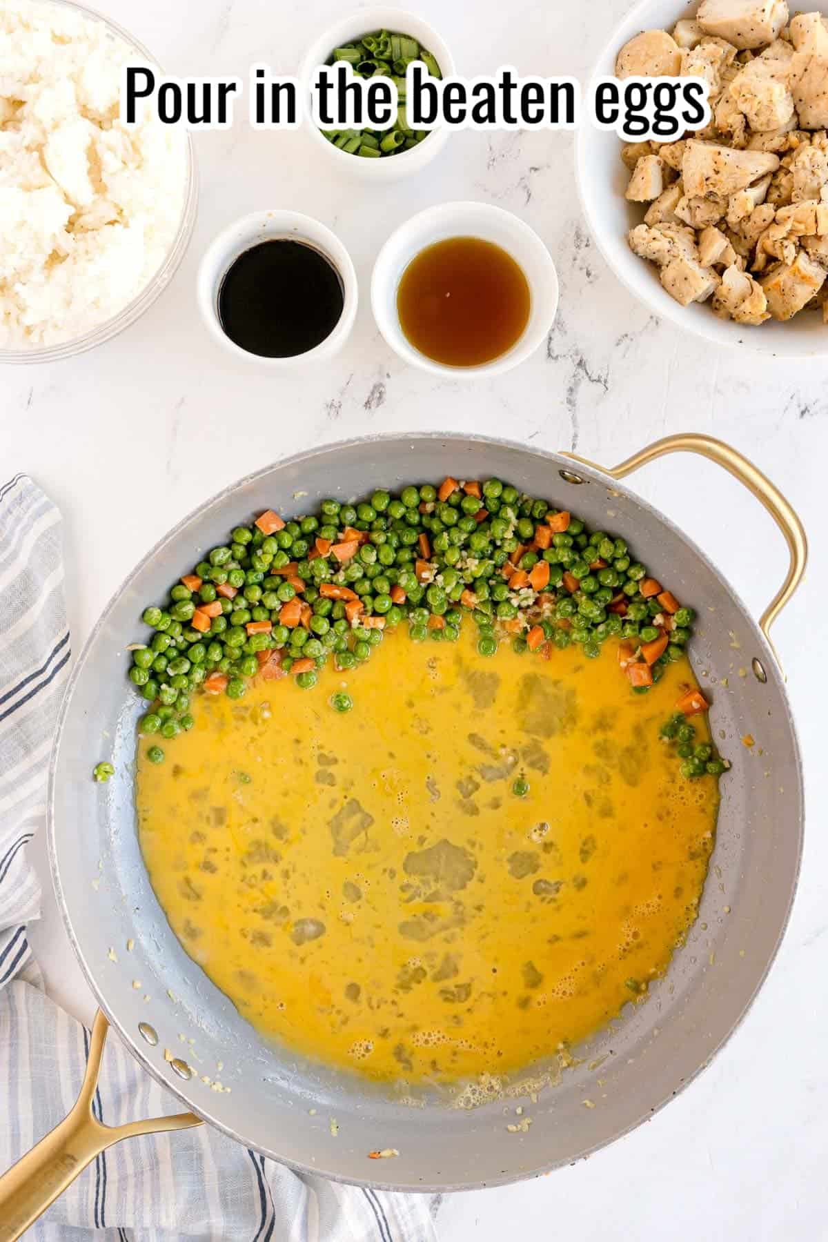 Beaten eggs poured into a skillet with peas and carrots. Text on the image says 'Pour in the beaten eggs'.