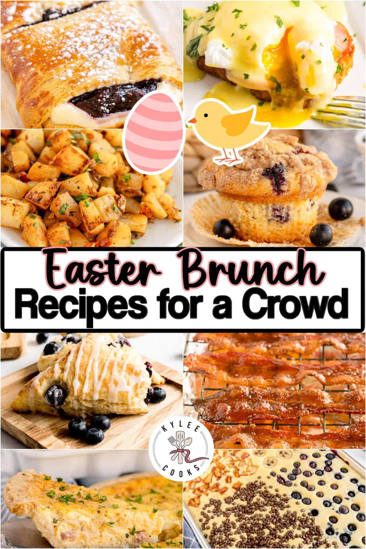 A collage of various Easter brunch dishes, including pastries, eggs Benedict, roasted potatoes, muffins, and a casserole, with text reading "Easter Brunch Recipes for a Crowd.