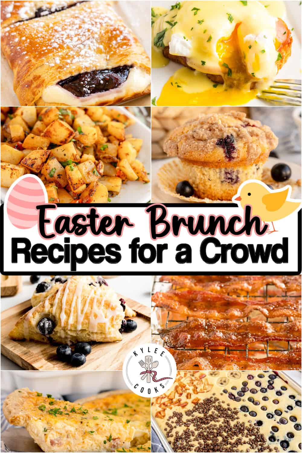 A collage of various brunch dishes including pastries, eggs benedict, roasted potatoes, muffins, and a baked casserole, with text reading "Easter Brunch Recipes for a Crowd.