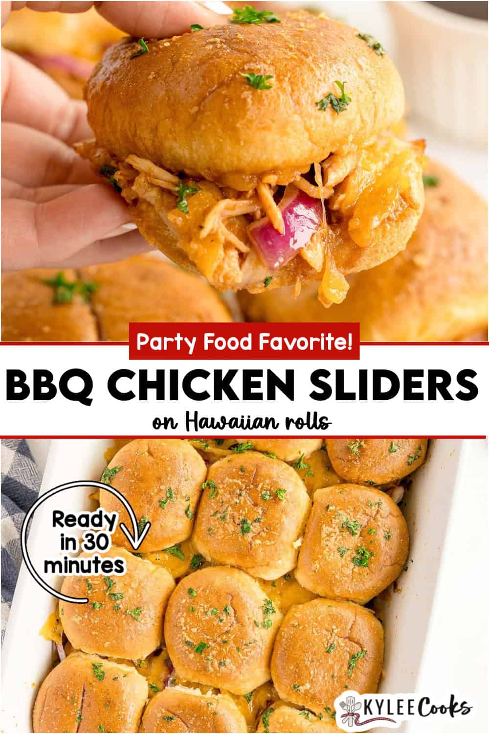 BBQ chicken sliders with shredded chicken, cheese, and red onion on Hawaiian rolls, shown being held and in a baking dish, topped with herbs. Text overlay highlights recipe details.