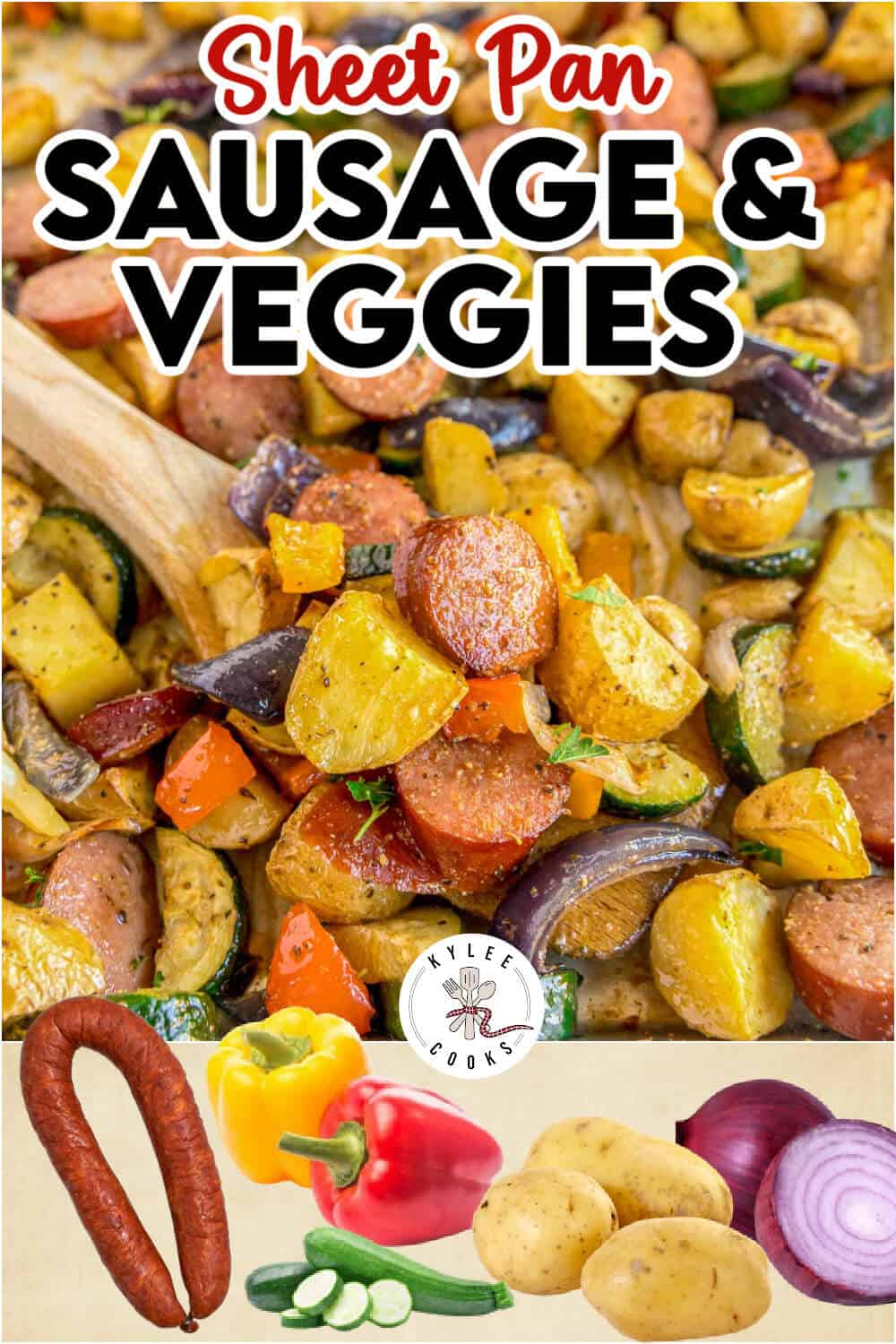 Step one of making sheet pan sausage and veggies: raw quartered potatoes spread out on a parchment-lined sheet pan, with bowls of remaining ingredients visible in the background. Text reads: Add the potatoes to a sheet pan and roast 15 minutes.