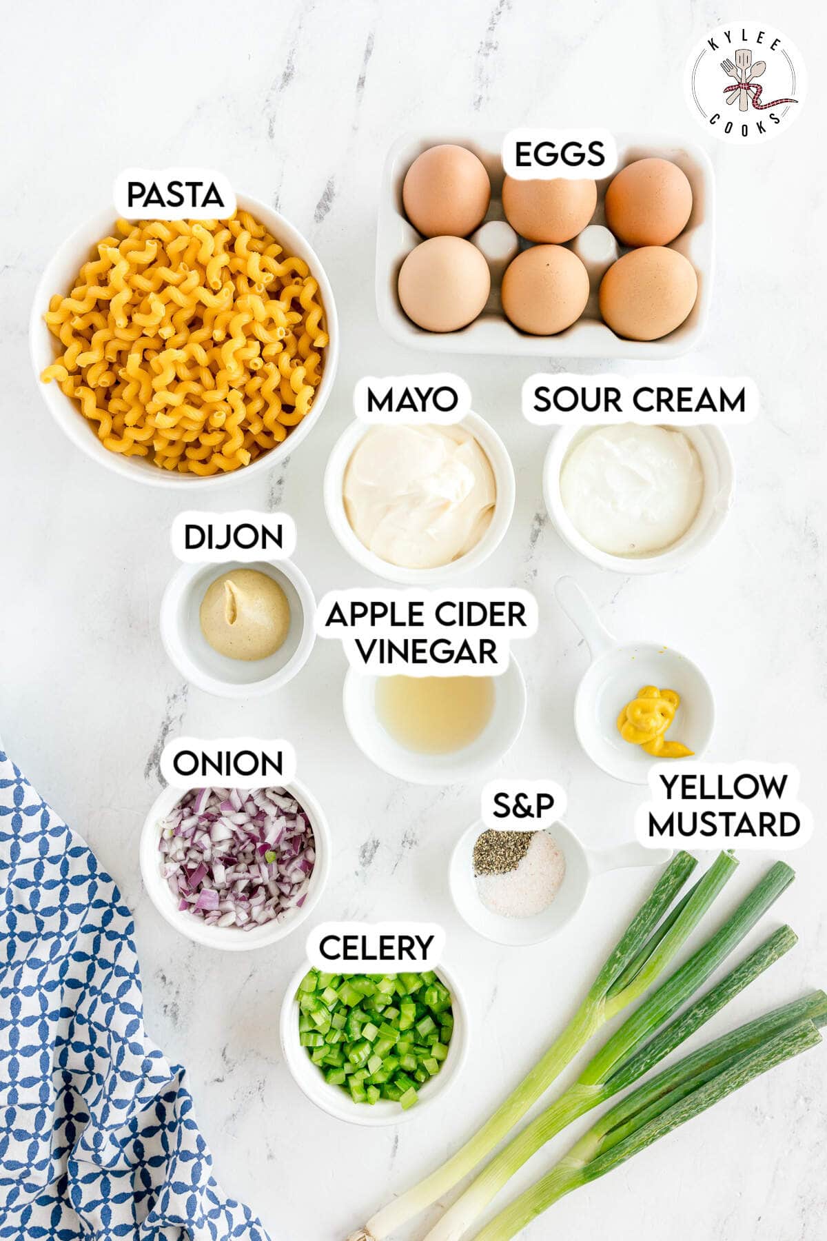 A flat lay of ingredients for pasta salad, including eggs, pasta, mayo, sour cream, dijon, apple cider vinegar, yellow mustard, onion, celery, salt and pepper, and green onions.