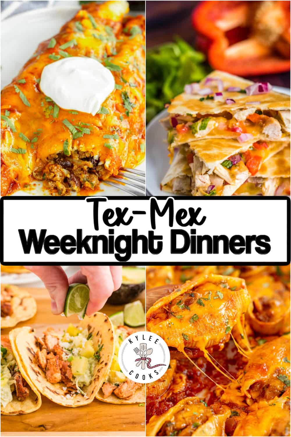 A collage of Tex-Mex dishes—enchiladas, taco salad, tacos, and cheesy nachos—with the text "Tex-Mex Weeknight Dinners" in the center highlights easy weeknight dinners with bold Tex-Mex flavors.