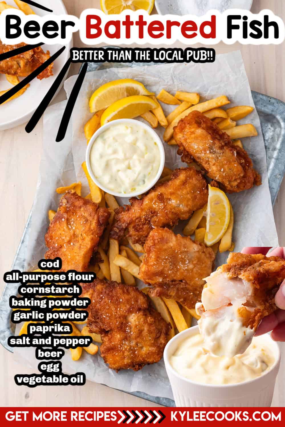 Savor beer battered fish served with crispy fries, lemon wedges, and dipping sauce on a tray; ingredients list displayed beside the meal.